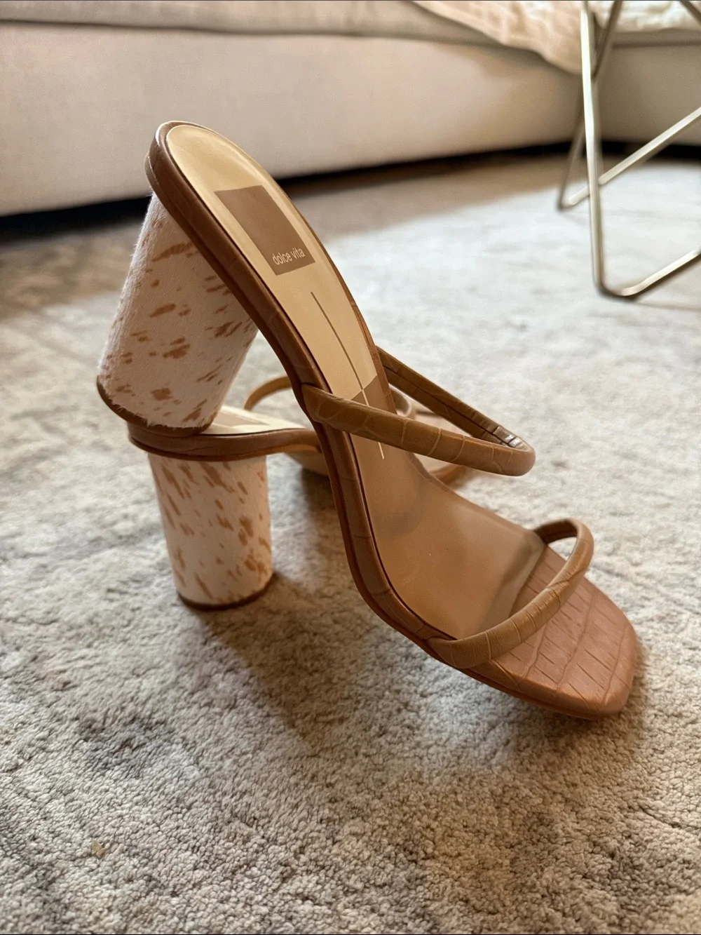 Dolce Vita Tan Croc-Embossed Double-Strap Block Heel Sandals - pony hair heel
